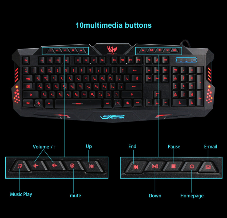 J10 Tricolor Backlight Wired Gaming Keyboard and Mouse Set with Colorful LED Lighting and Russian Layout