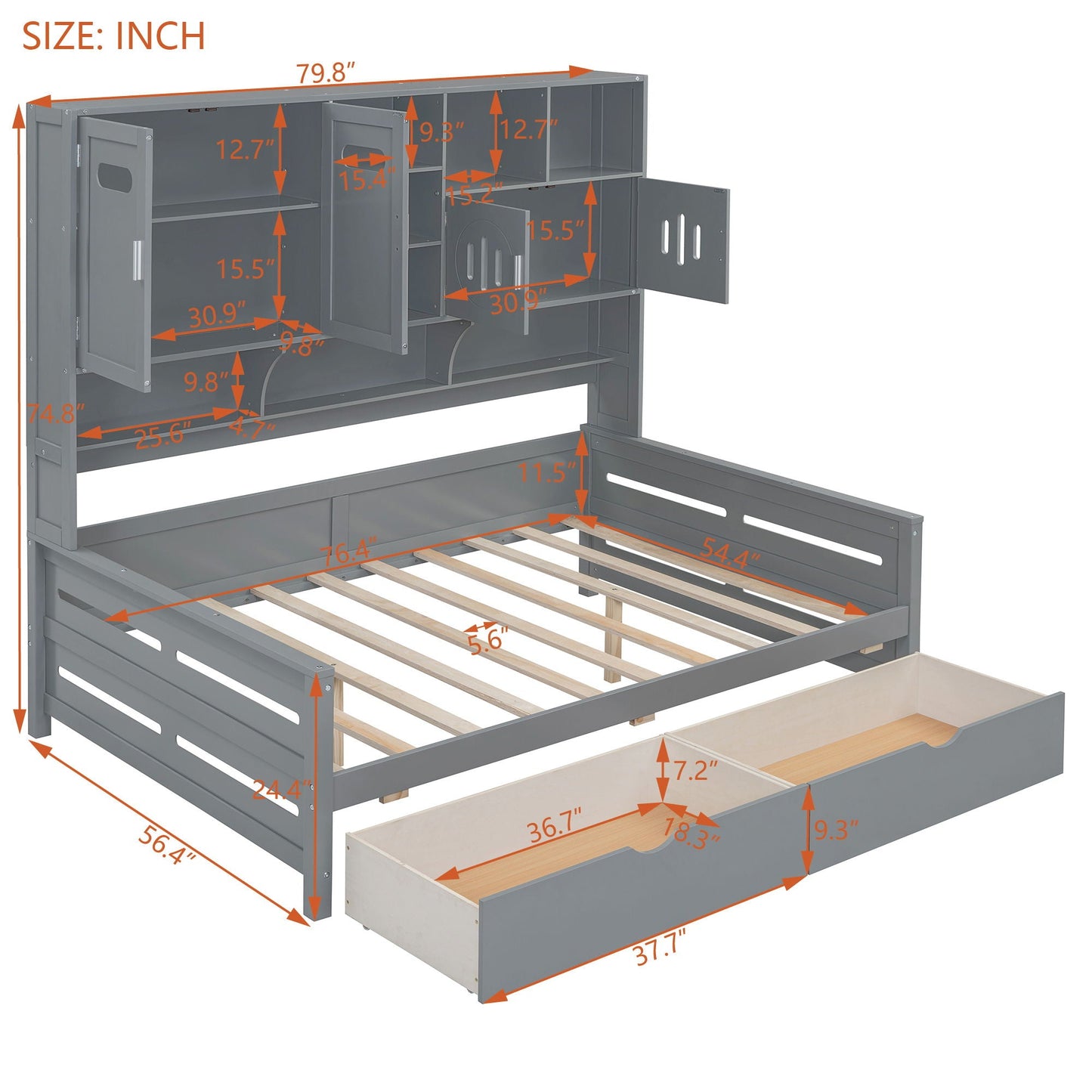 Daybed With All-In-One Cabinet And Shelf