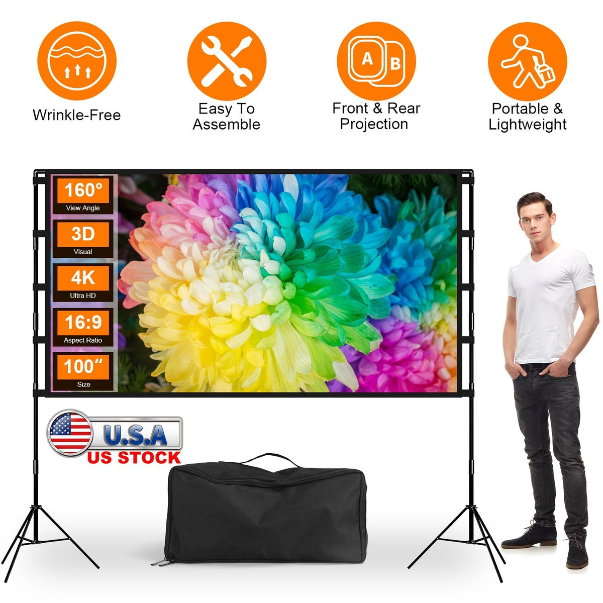 100inch Projector Screen with Stand 16:9 4K HD Rear Front Wrinkle-Free Portable And Foldable Movie Screen with Carry Bag For Indoor Outdoor Home Theat