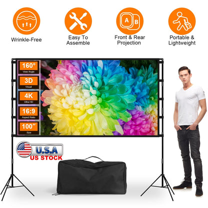 100inch Projector Screen with Stand 16:9 4K HD Rear Front Wrinkle-Free Portable And Foldable Movie Screen with Carry Bag For Indoor Outdoor Home Theat