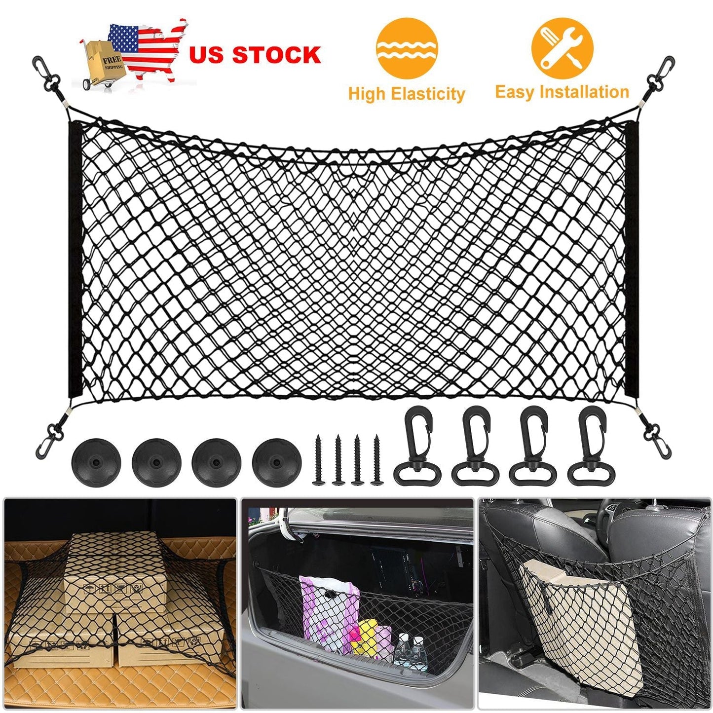 Trunk Cargo Net Stretchable Universal Elastic Truck Net Rear Seat Trunk Storage Organizer Net with Fasteners and Hardware Flexible Nylon Car Storage M