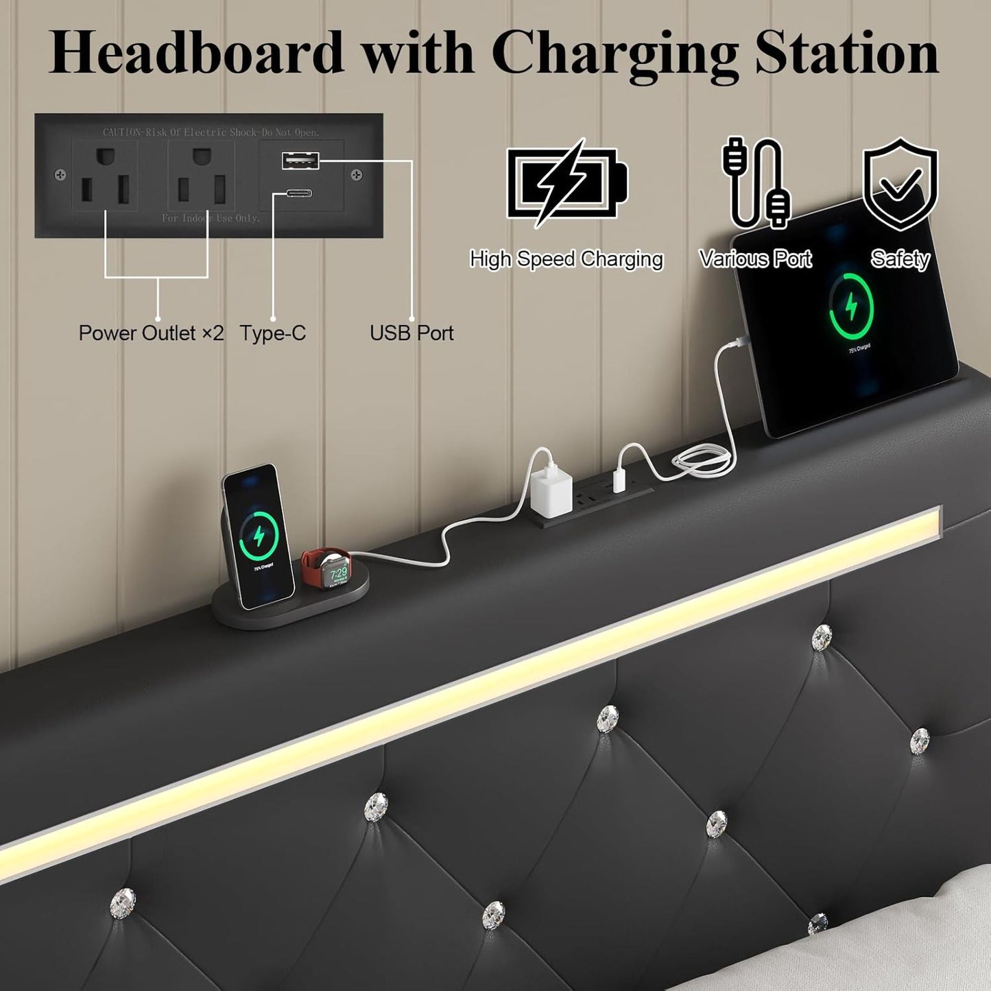 Upholstered Bed Frame With LED Lights, 4 Storage Drawers, Charging Station
