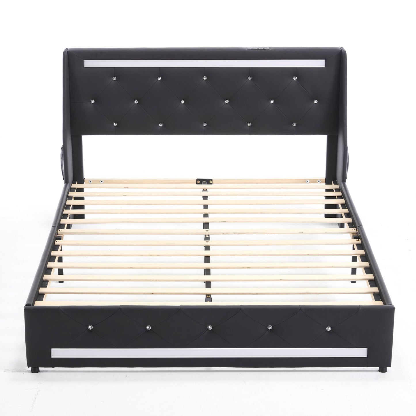 Wingback Upholstered Bed Frame With LED Lights, Charging Station