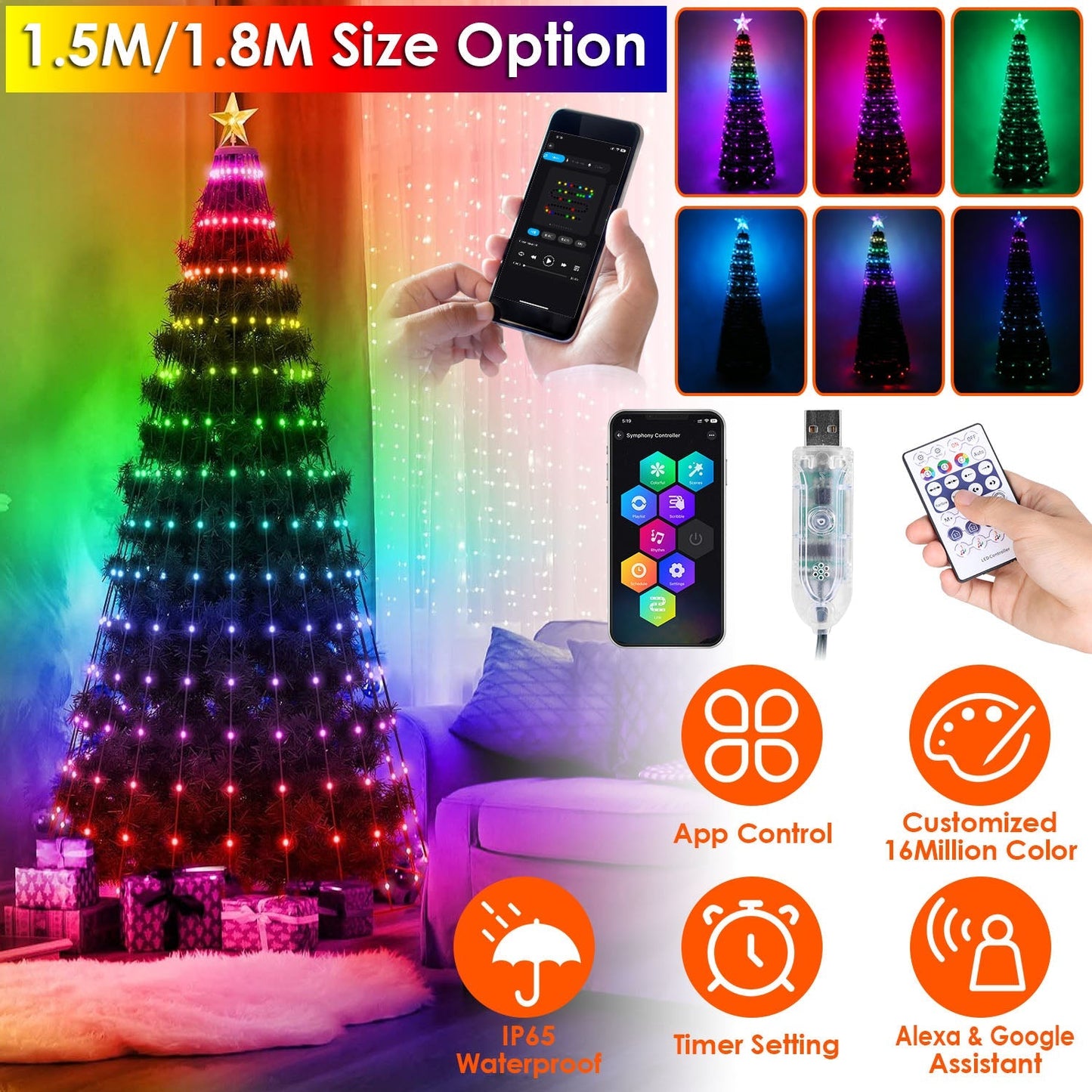 5.9FT 234Pcs LED Lights Collapsible Christmas Tree Light with Remote App Control IP65 Waterproof Customized Multi-Color Mode Timer Setting Work with A