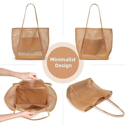 Large Capacity Ladies Beach Bag - Hollow Mesh Tote for Outdoor Travel & Storage