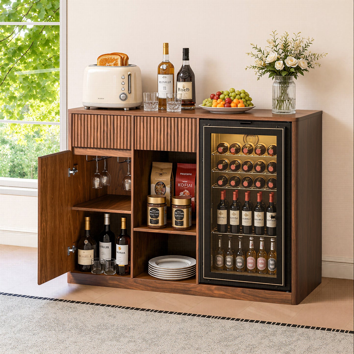 51" Fluted Bar Cabinet with Fridge Space and Wine Glass Rack