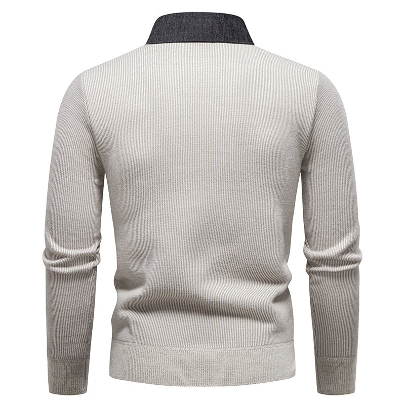 Mens Faux Two-piece Base-layer Knit Casual Shirt-collar Sweater