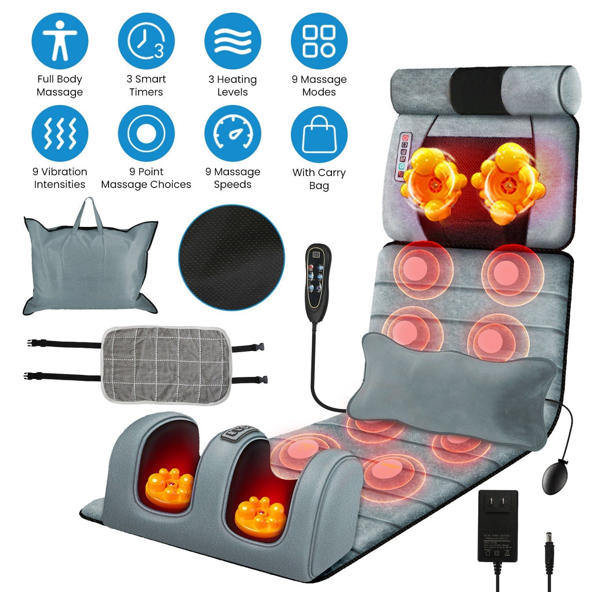 Full Body Electric Massage Mat Heating Vibration Massage Pad Cushion Back Massage Mattress Chair Pad with Neck Foot Massage Head Pillow and Cloth Lumb