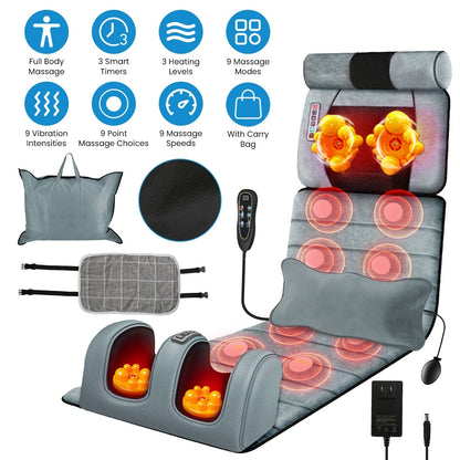 Full Body Electric Massage Mat Heating Vibration Massage Pad Cushion Back Massage Mattress Chair Pad with Neck Foot Massage Head Pillow and Cloth Lumb