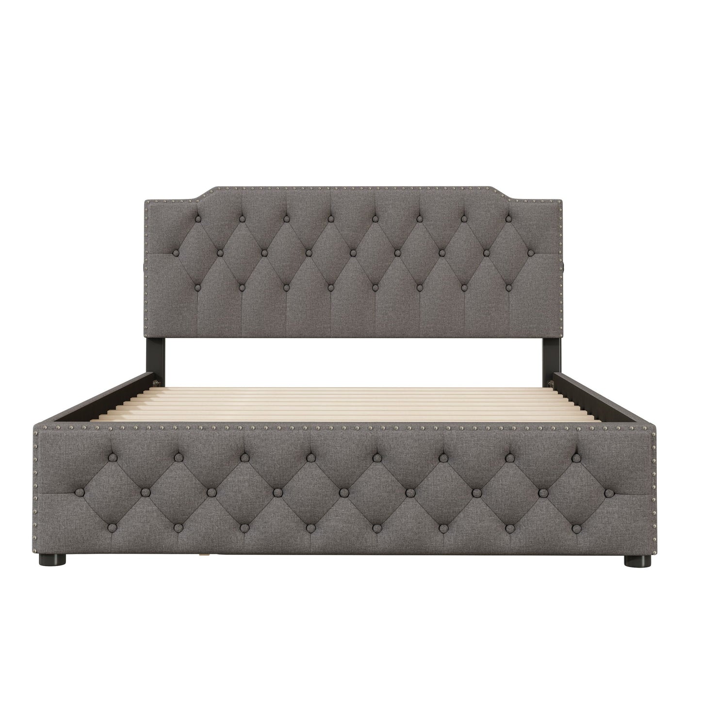 Upholstered Platform Bed With Trundle And 2 Sets Of USB Ports On Each Side, Fabric