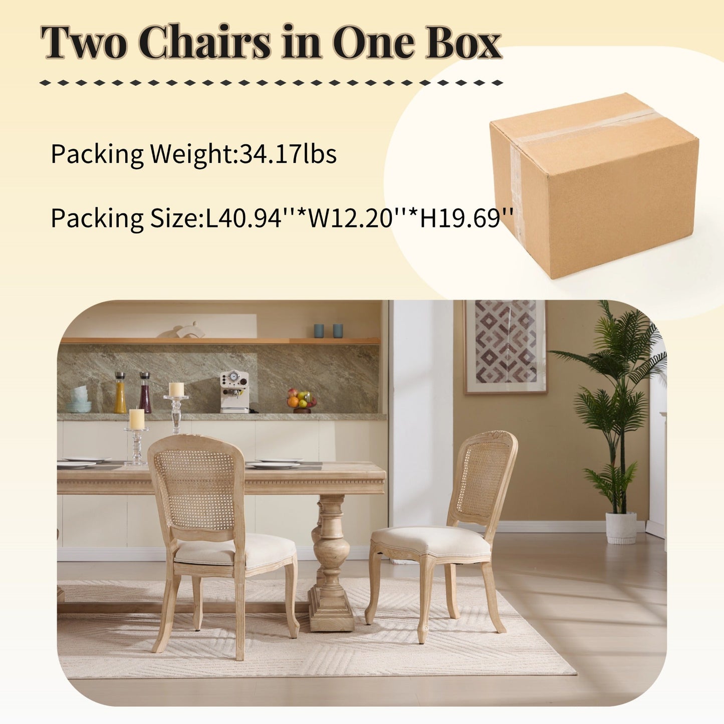 French Country Dining Chairs Set of 2, Upholstered with Rattan Fan-shaped Back