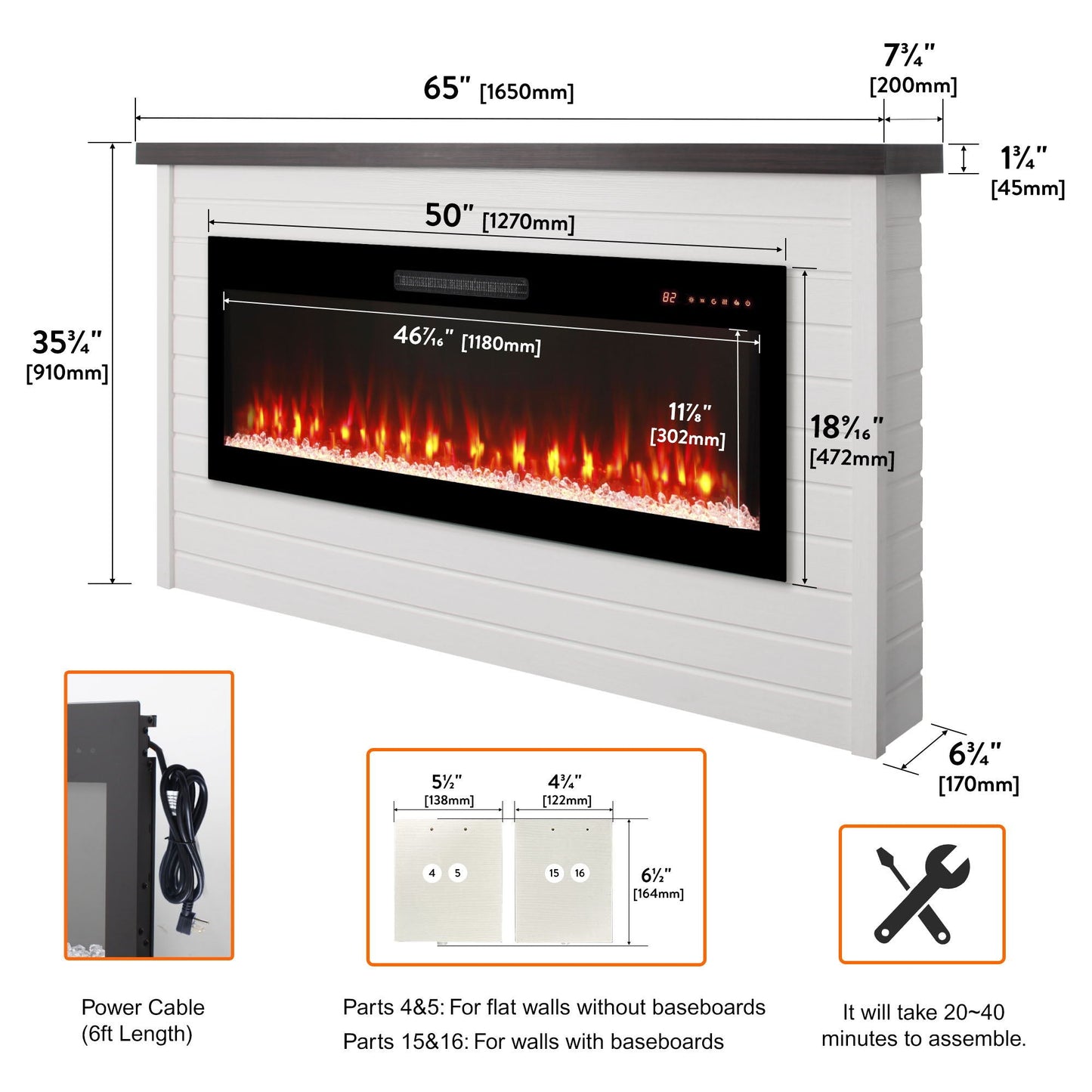 65" Electric Fireplace With Wall Mantel, 50" Fireplace Insert Heater, Remote Control, Timer For Living Room - Antique White