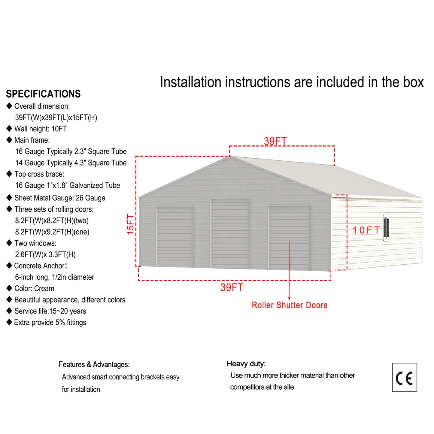 [39X39FT] Extra-Large Heavy-Duty Galvanized Steel Barn Building Shed With 3 Rolling Door Garages (SAK10234)
