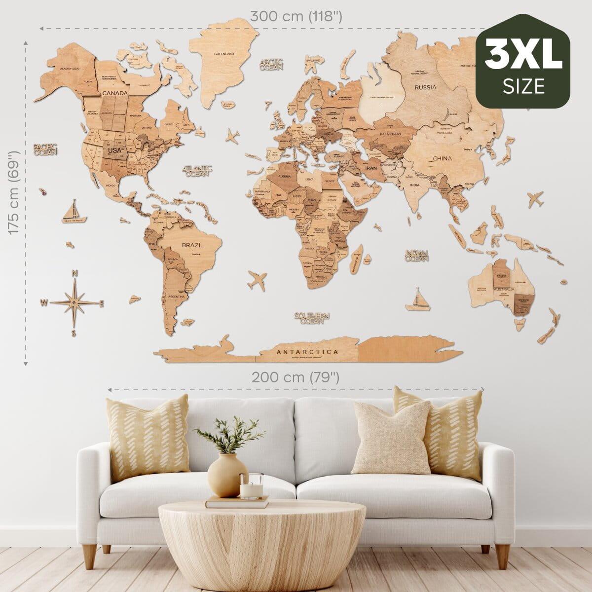 3D Wooden World Map Gold