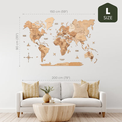 3D Wooden World Map Gold