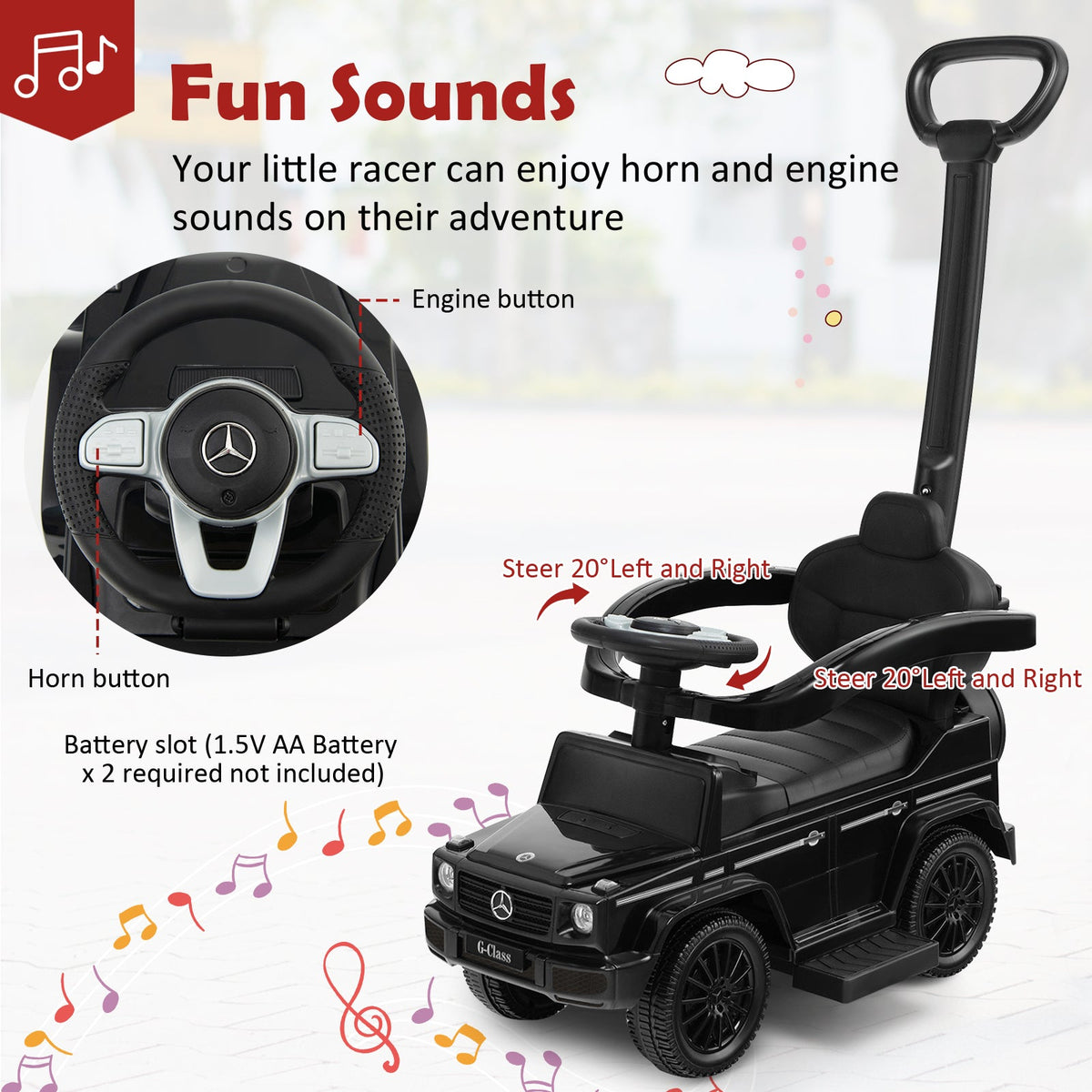 3-In-1 Ride on Push Car Mercedes Benz G350 Stroller Sliding Car with Canopy-Black