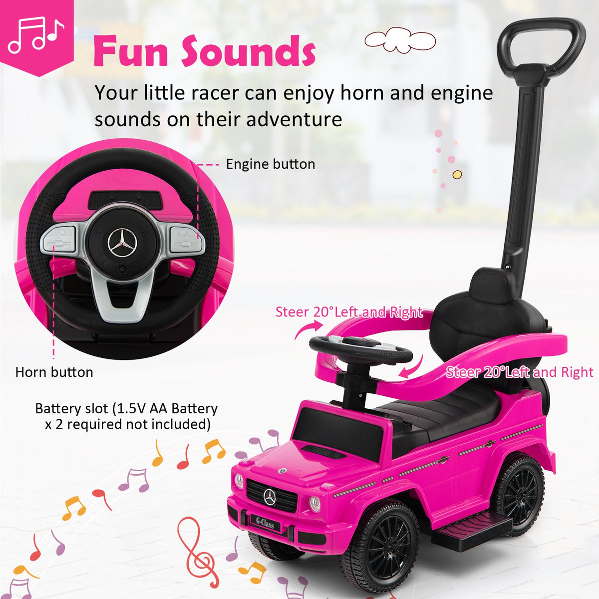 3-In-1 Ride on Push Car Mercedes Benz G350 Stroller Sliding Car with Canopy-Pink