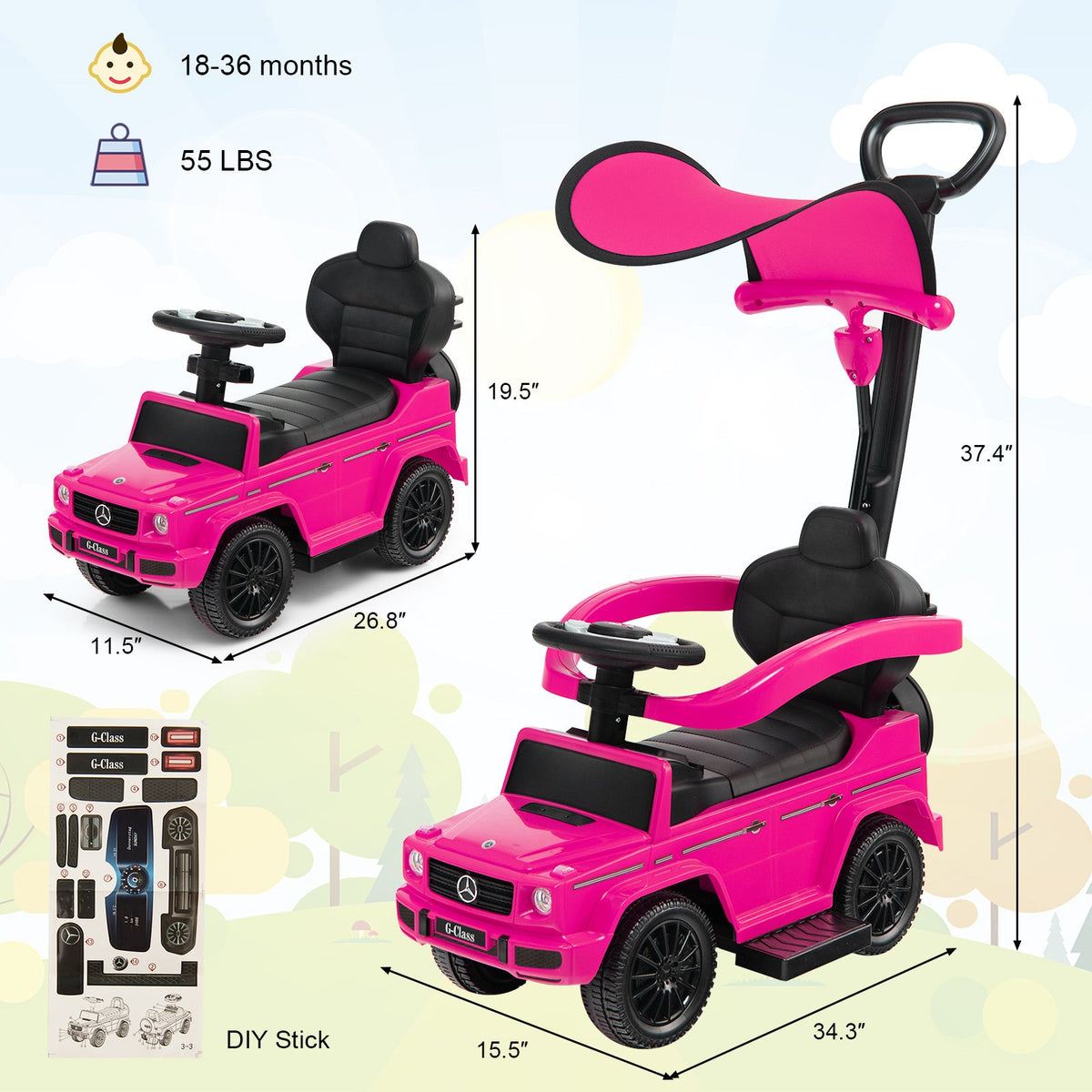 3-In-1 Ride on Push Car Mercedes Benz G350 Stroller Sliding Car with Canopy-Pink
