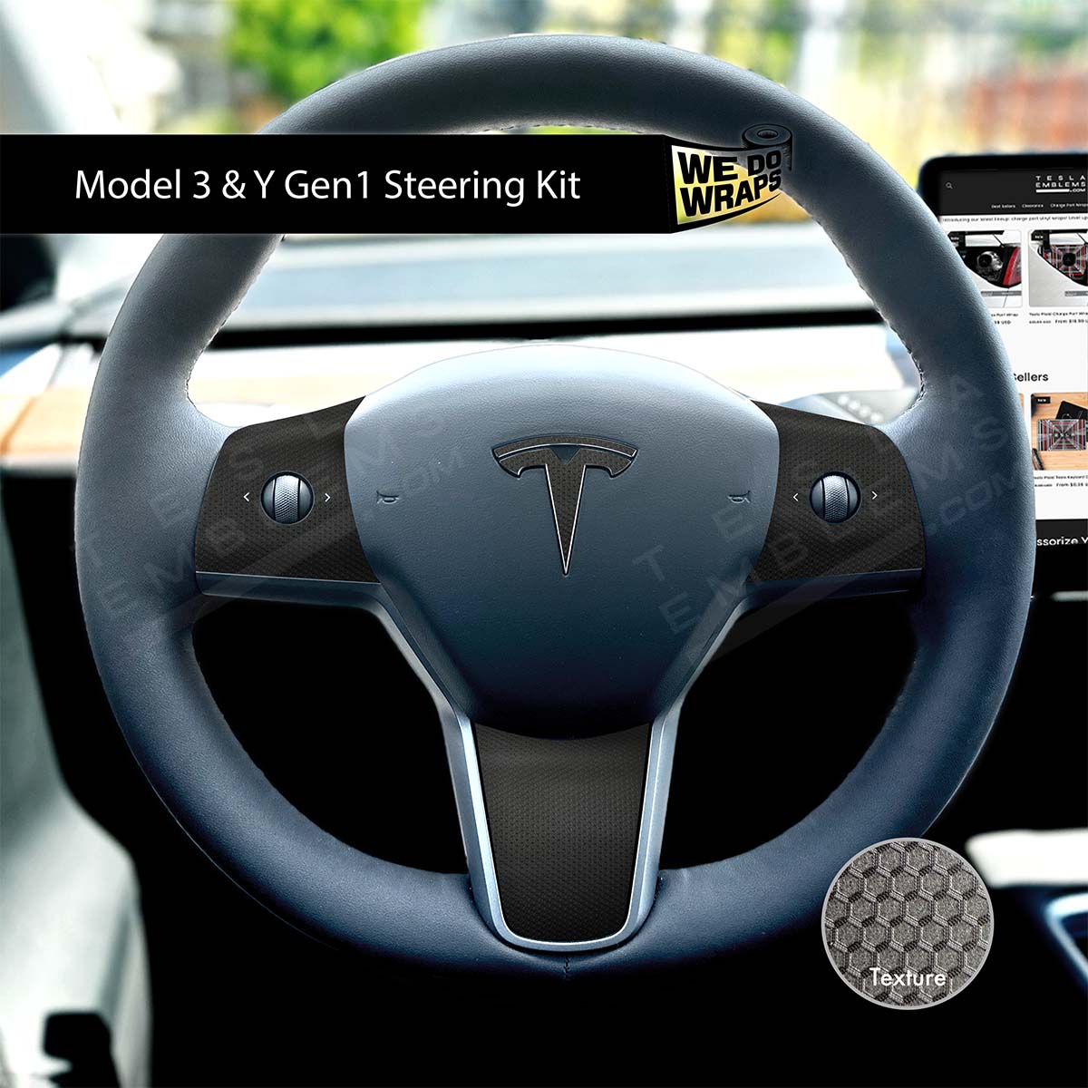 3M Matrix Black Tesla Steering Wheel Wrap | MY 2019-'25