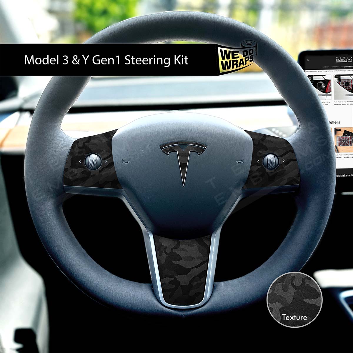 3M Shadow Black Camo Tesla Steering Wheel Wrap | MY 2019-'25