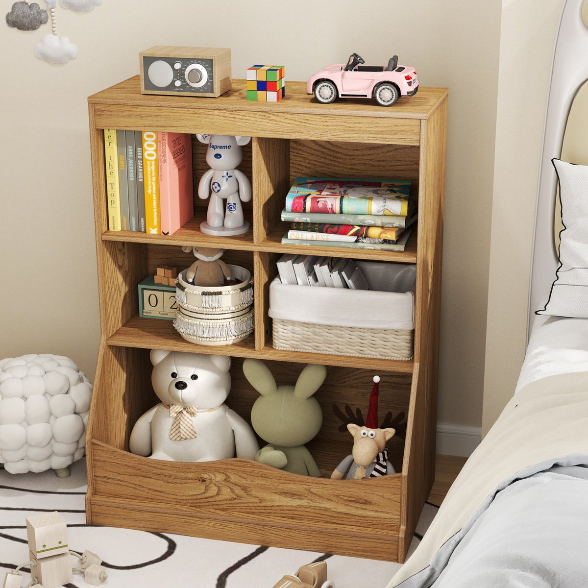 3-Tier Children's Multi-Functional Bookcase Toy Storage Bin Floor Cabinet-Natural