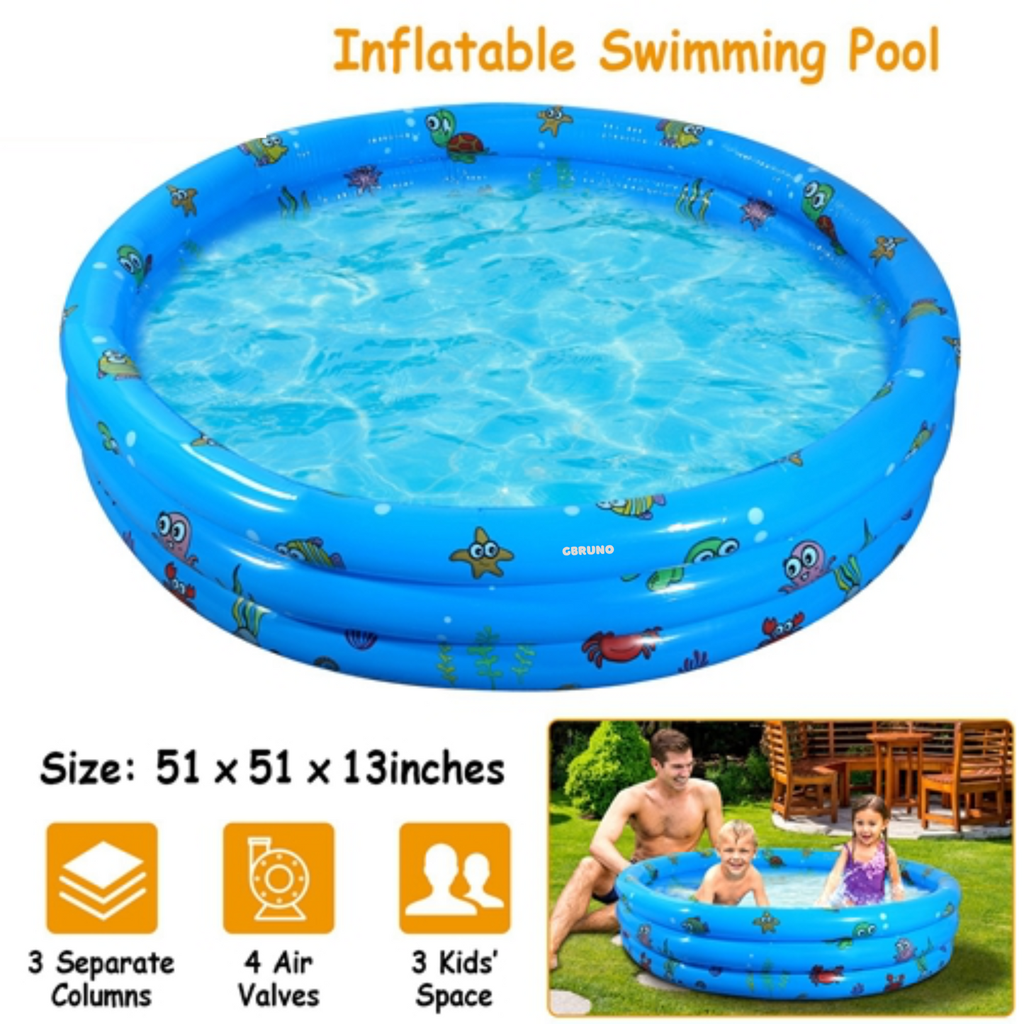 51x13Ó Inflatable Swimming Pool Blow Up Family Pool For 3 Kids Foldable Swim Ball Pool Center w/ 4 Valves Bottom Water Drain Plug For Indoor Backyard