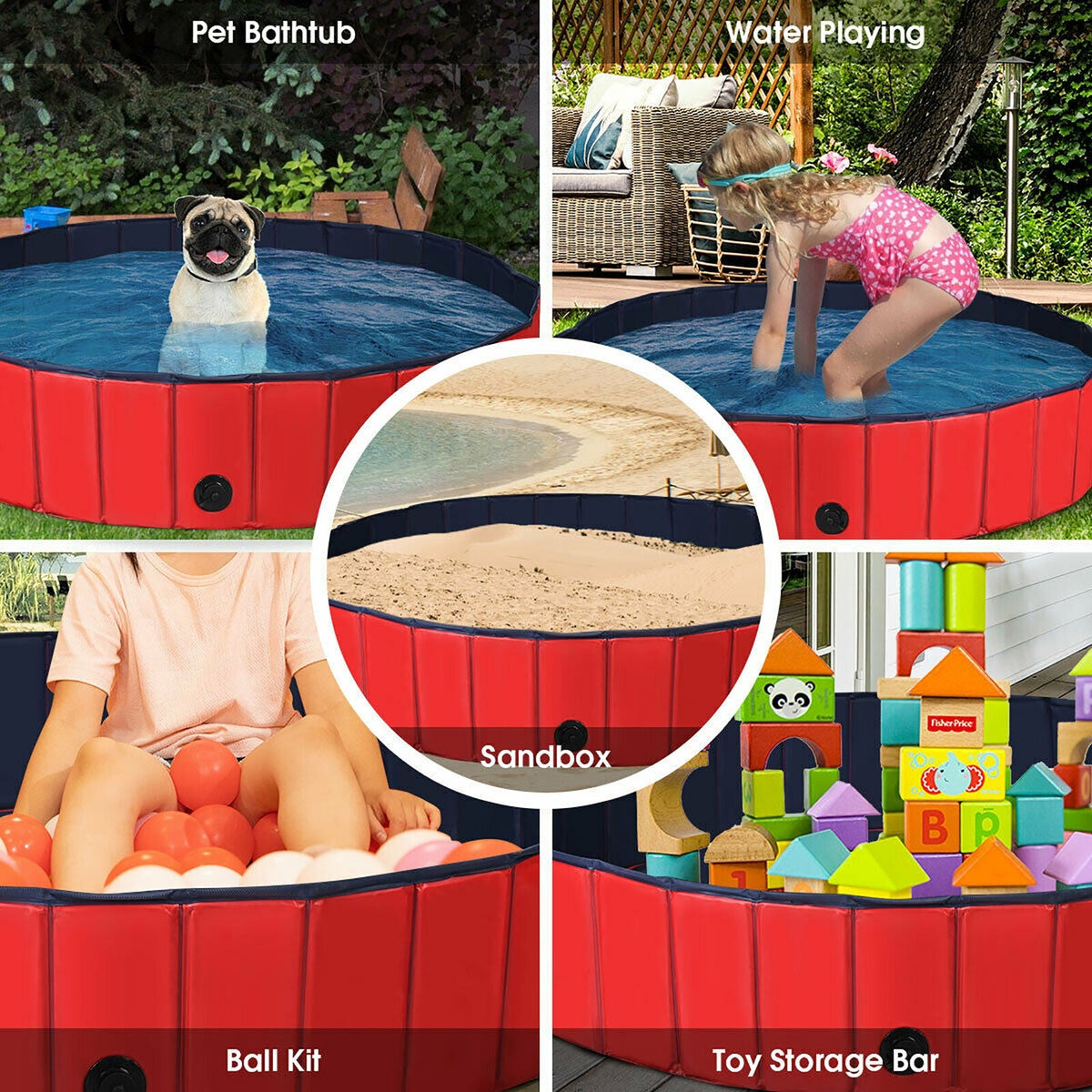 63 Inch Foldable Leakproof Dog Pet Pool Bathing Tub Kiddie Pool for Dogs Cats and Kids-Red