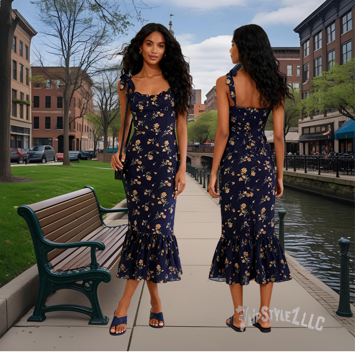 NEW  SPRING PRETTY DARK BLUE Floral PRINT SHOULDER STRAP Slim Dress FOR WOMEN