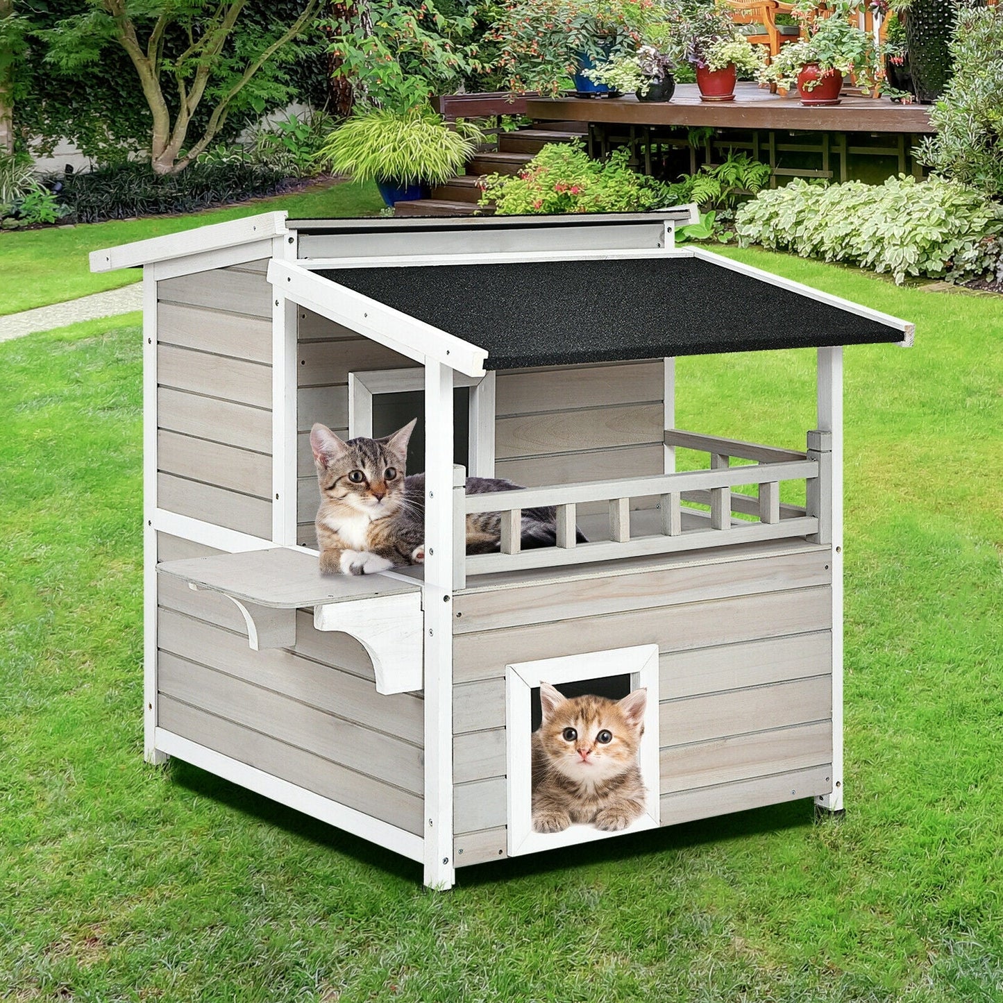 2-Story Wooden Patio Luxurious Cat Shelter House Condo with Large Balcony