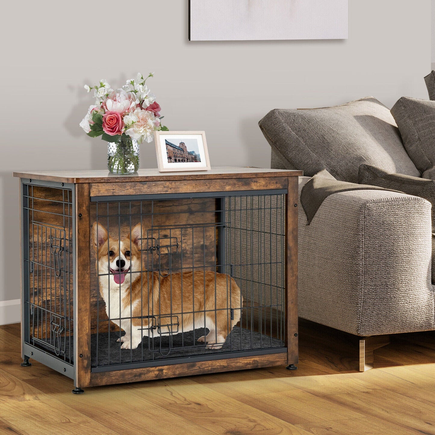 Wooden Dog Crate Furniture with Double Door and Tray-Brown