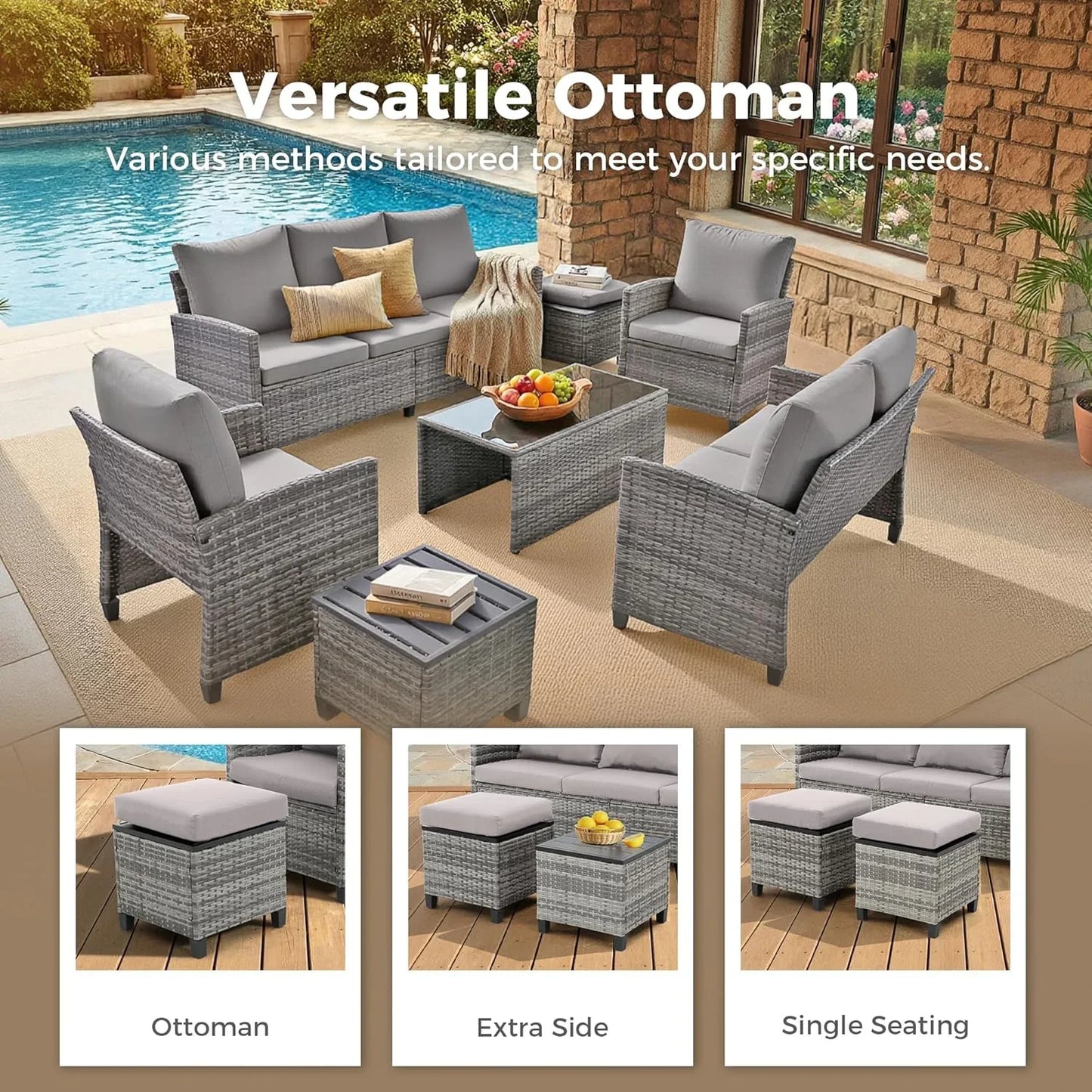 Ainfox 7-Piece Outdoor Wicker Patio Furniture Set,Sectional Conversation Set with 3-Seat Sofa, Loveseat, Coffee Table, Chairs & Ottomans, Gray, Space-Saving Design for Backyard, Porch, Poolside