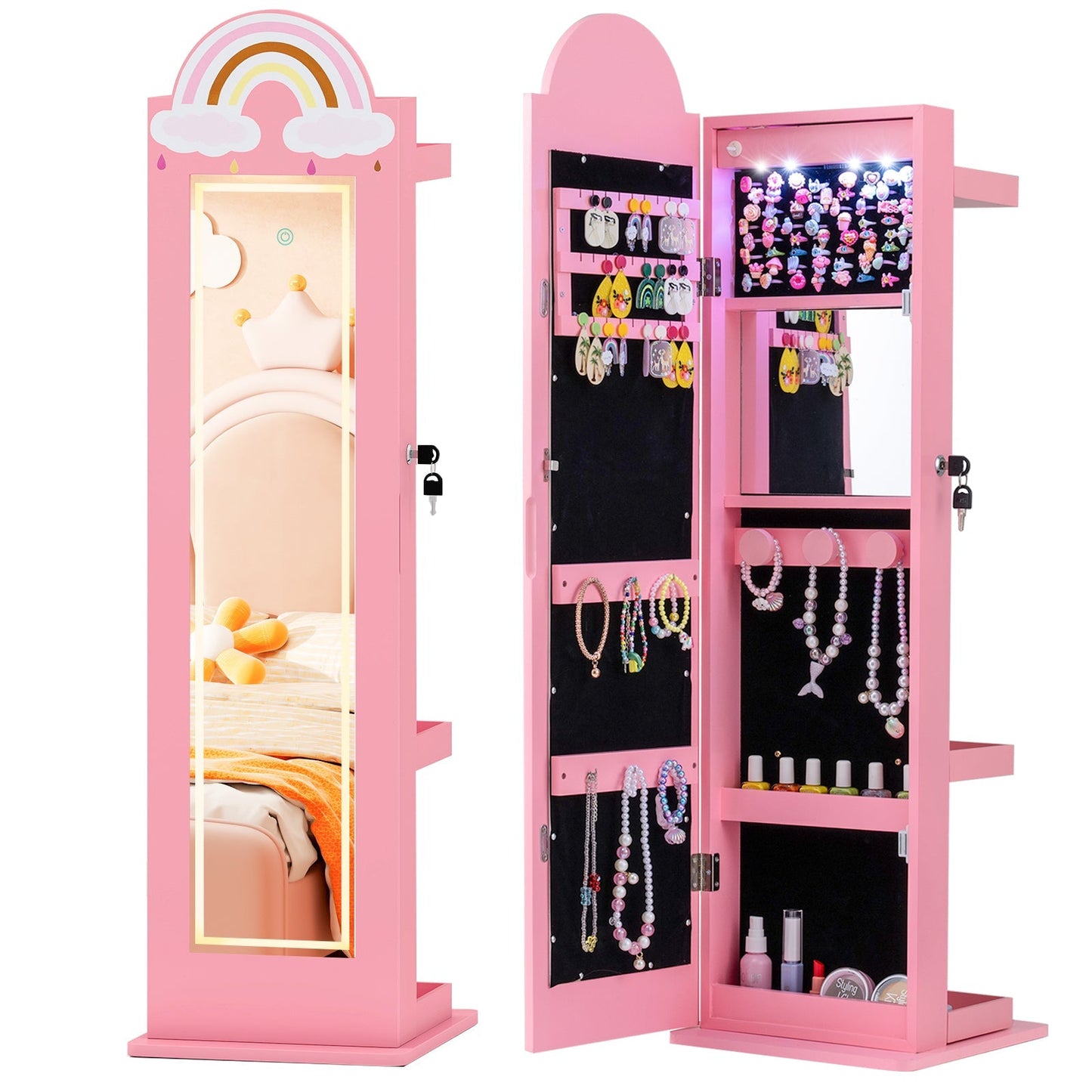 3 In 1 Kids Jewelry Cabinet Freestanding Jewelry Armoire with 3-Color Lighted Mirror
