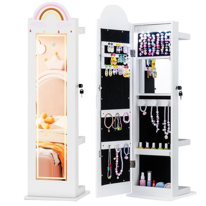 3 In 1 Kids Jewelry Cabinet Freestanding Jewelry Armoire with 3-Color Lighted Mirror