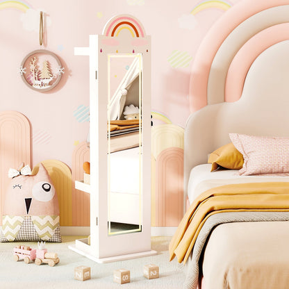 3 In 1 Kids Jewelry Cabinet Freestanding Jewelry Armoire with 3-Color Lighted Mirror