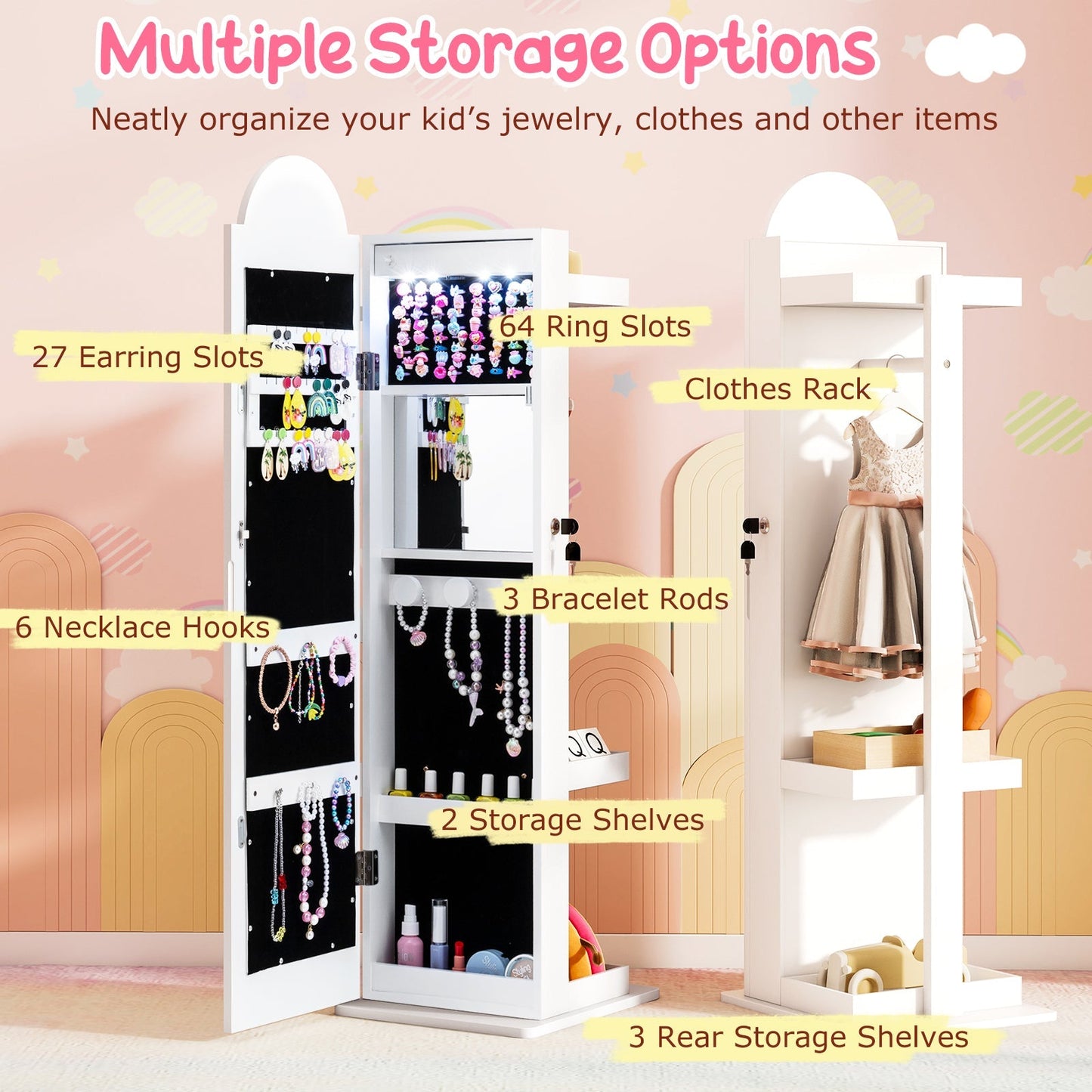 3 In 1 Kids Jewelry Cabinet Freestanding Jewelry Armoire with 3-Color Lighted Mirror