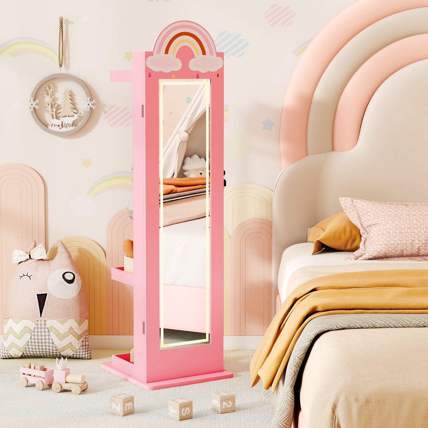 3 In 1 Kids Jewelry Cabinet Freestanding Jewelry Armoire with 3-Color Lighted Mirror
