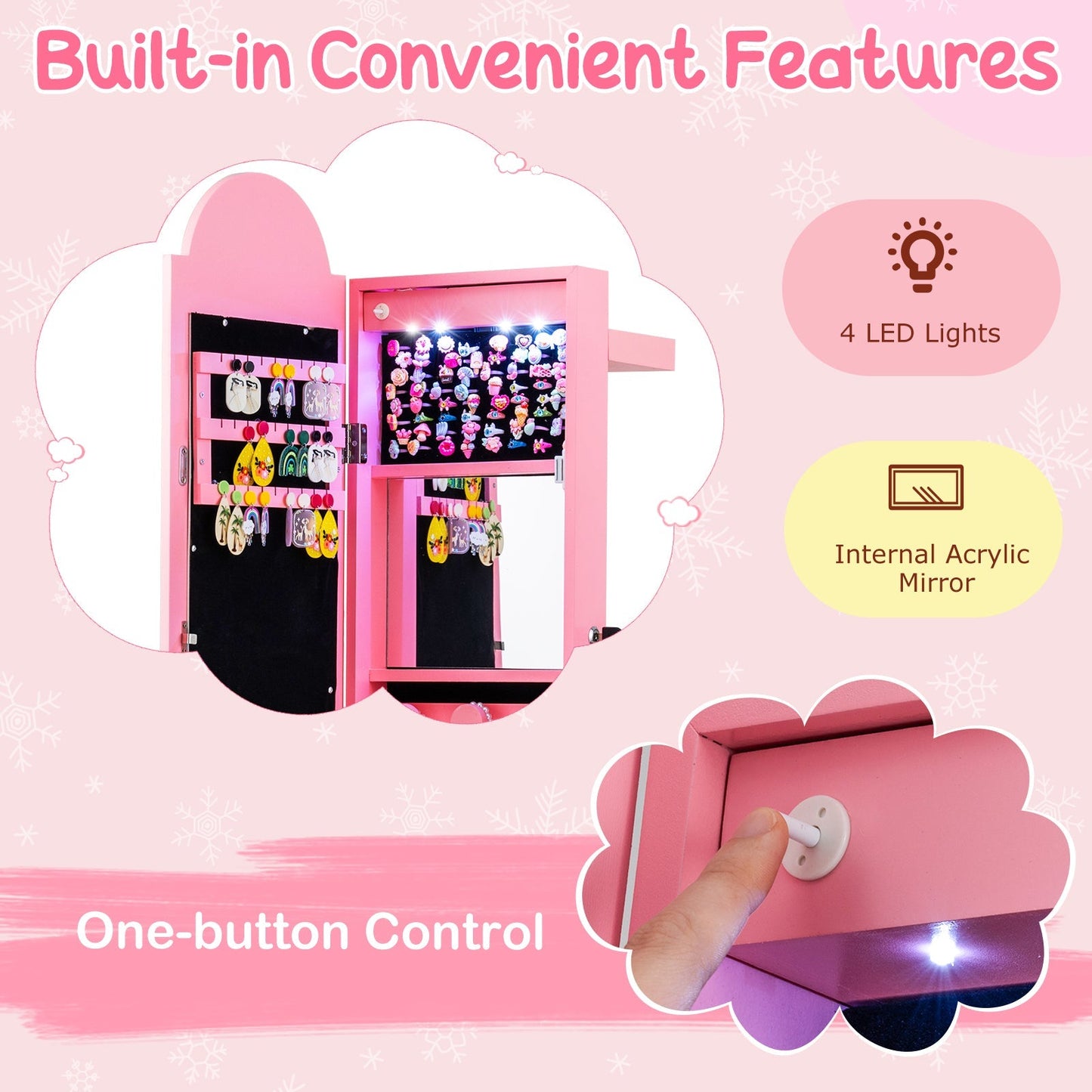 3 In 1 Kids Jewelry Cabinet Freestanding Jewelry Armoire with 3-Color Lighted Mirror