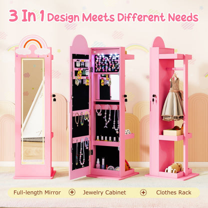 3 In 1 Kids Jewelry Cabinet Freestanding Jewelry Armoire with 3-Color Lighted Mirror