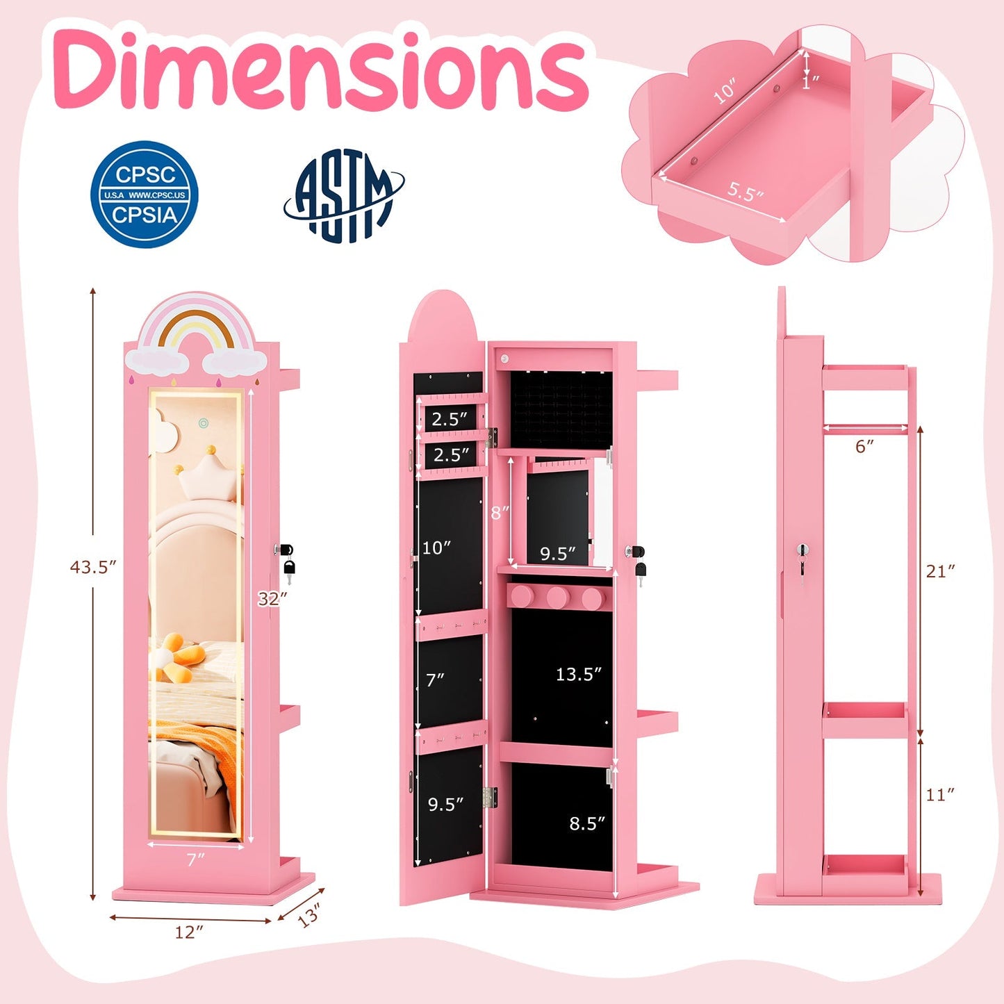 3 In 1 Kids Jewelry Cabinet Freestanding Jewelry Armoire with 3-Color Lighted Mirror
