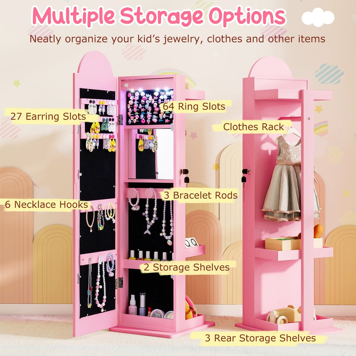 3 In 1 Kids Jewelry Cabinet Freestanding Jewelry Armoire with 3-Color Lighted Mirror