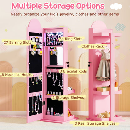 3 In 1 Kids Jewelry Cabinet Freestanding Jewelry Armoire with 3-Color Lighted Mirror