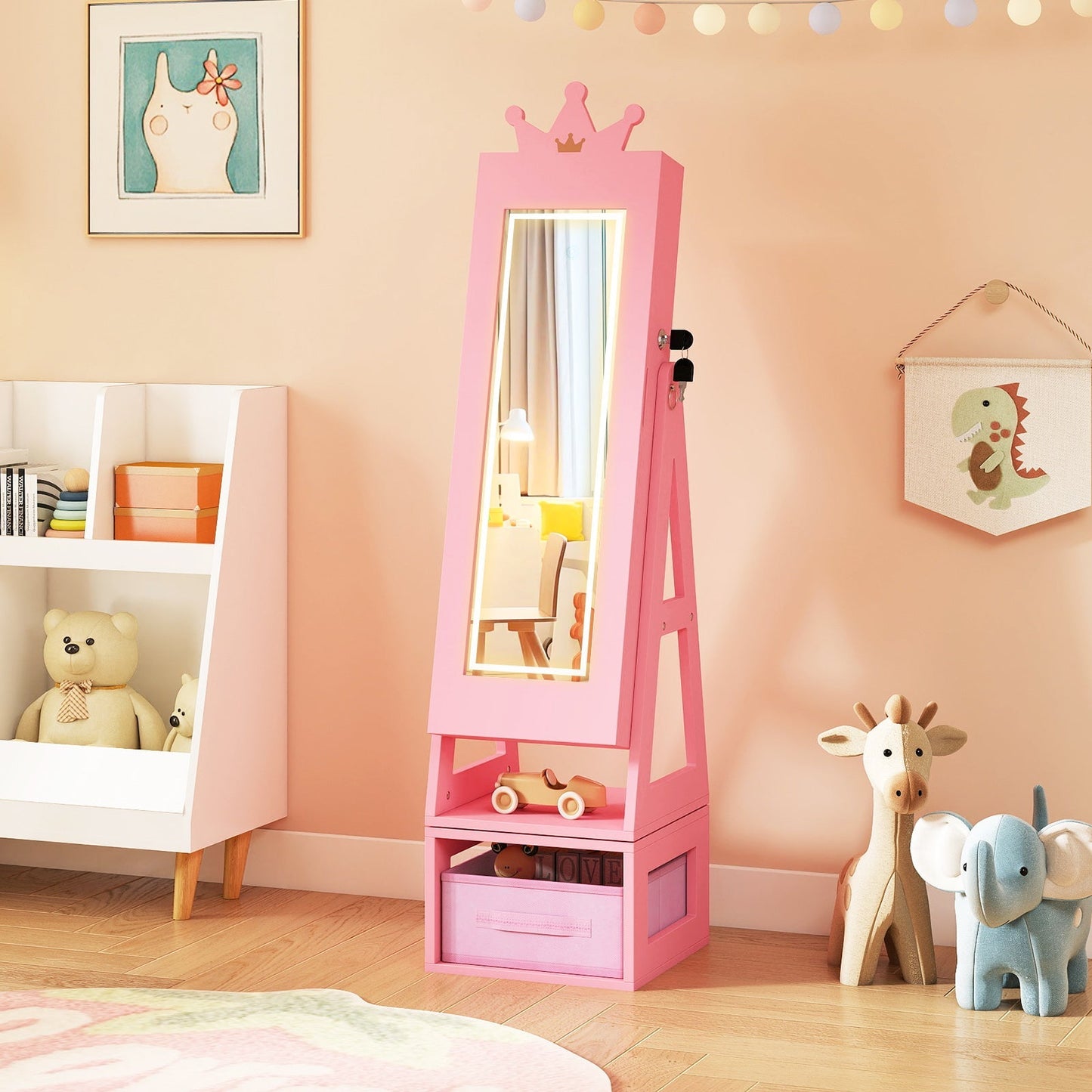 3 In 1 Kids Jewelry Cabinet with 3-Color Lighted Full Length Mirror