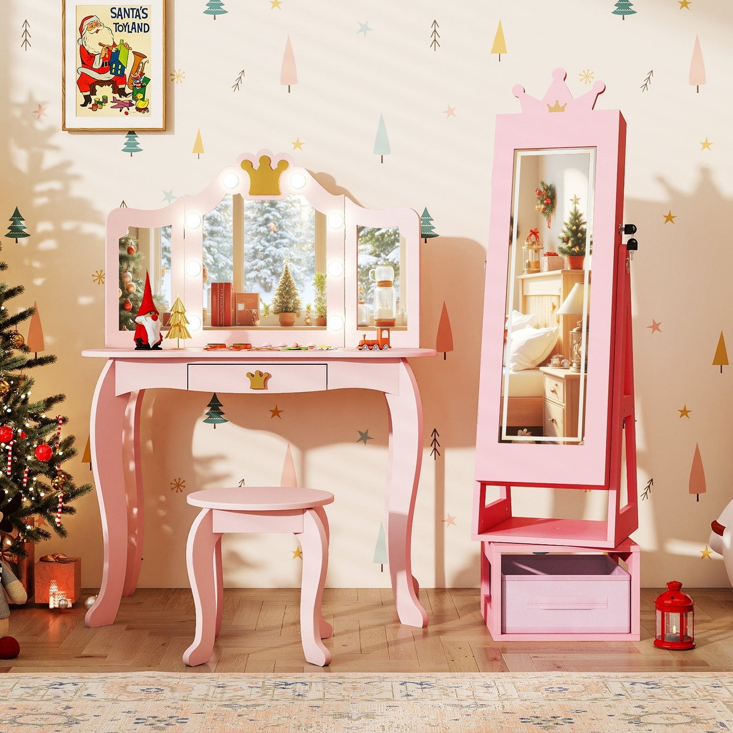 3 In 1 Kids Jewelry Cabinet with 3-Color Lighted Full Length Mirror