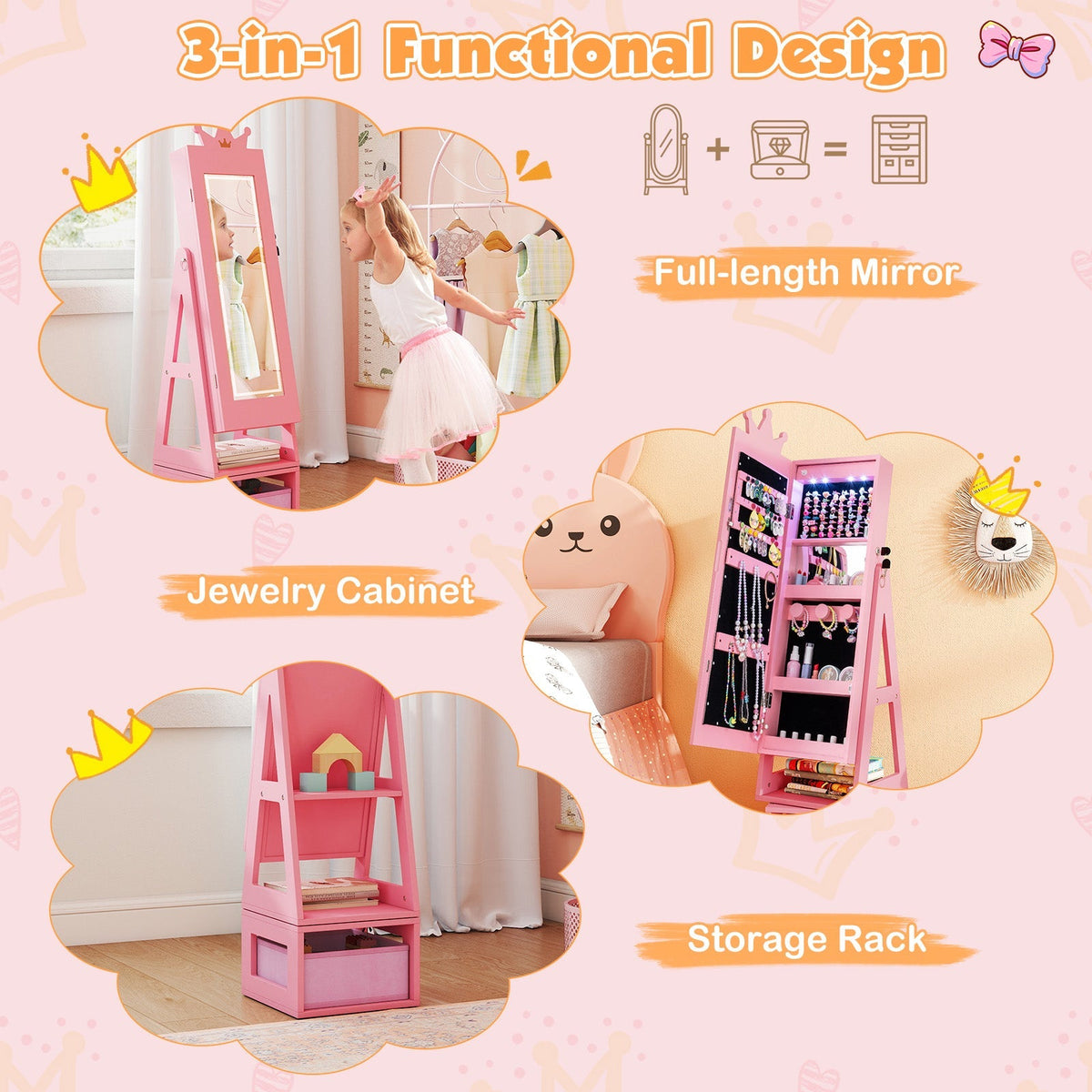 3 In 1 Kids Jewelry Cabinet with 3-Color Lighted Full Length Mirror