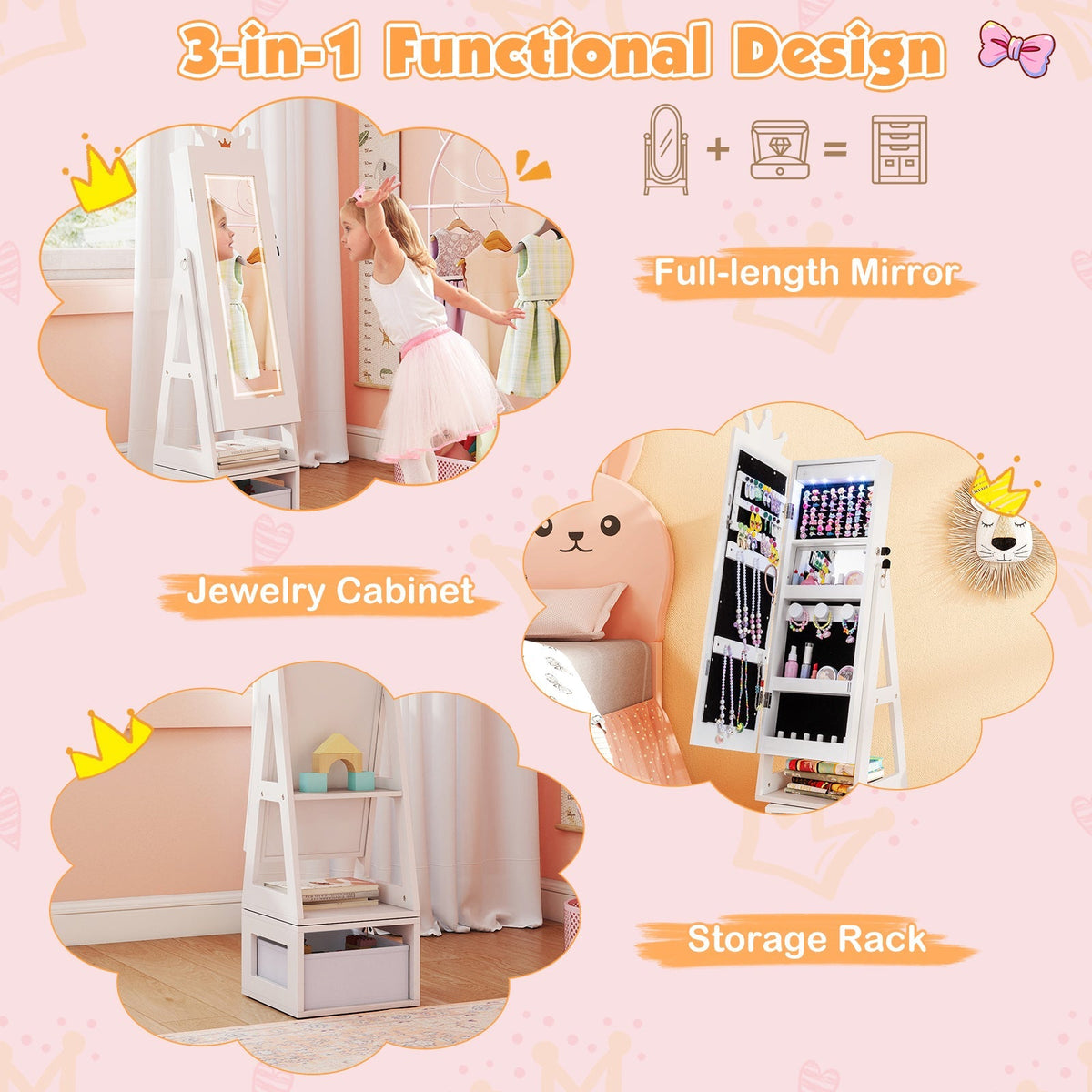 3 In 1 Kids Jewelry Cabinet with 3-Color Lighted Full Length Mirror