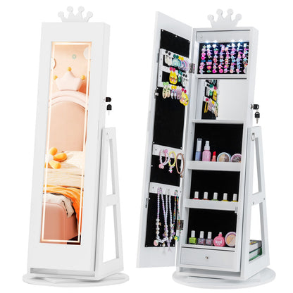 3 In 1 Kids Jewelry Cabinet with 3-Color Lighted Full Length Mirror and Internal Mirror
