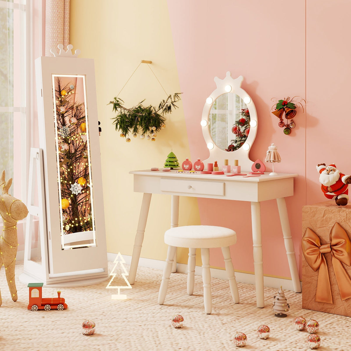 3 In 1 Kids Jewelry Cabinet with 3-Color Lighted Full Length Mirror and Internal Mirror
