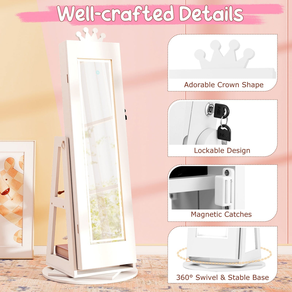 3 In 1 Kids Jewelry Cabinet with 3-Color Lighted Full Length Mirror and Internal Mirror