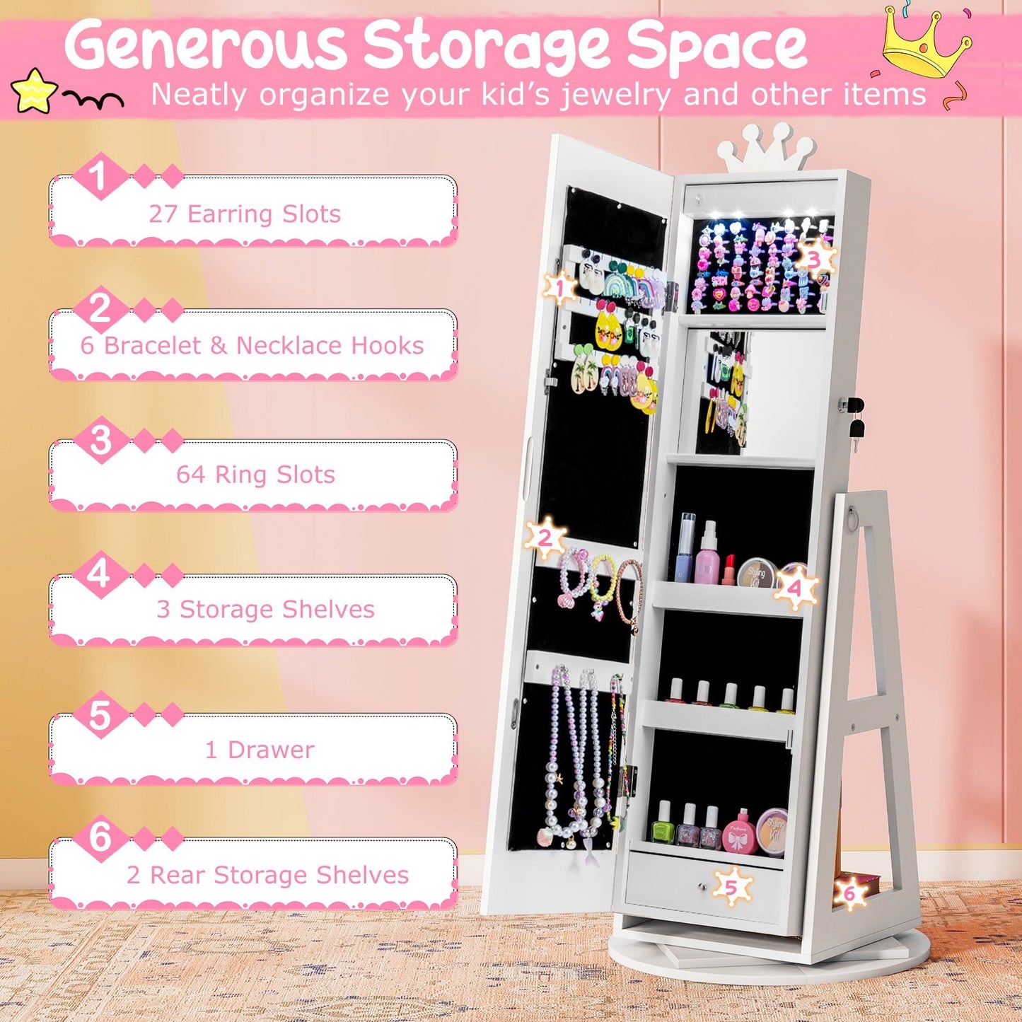 3 In 1 Kids Jewelry Cabinet with 3-Color Lighted Full Length Mirror and Internal Mirror