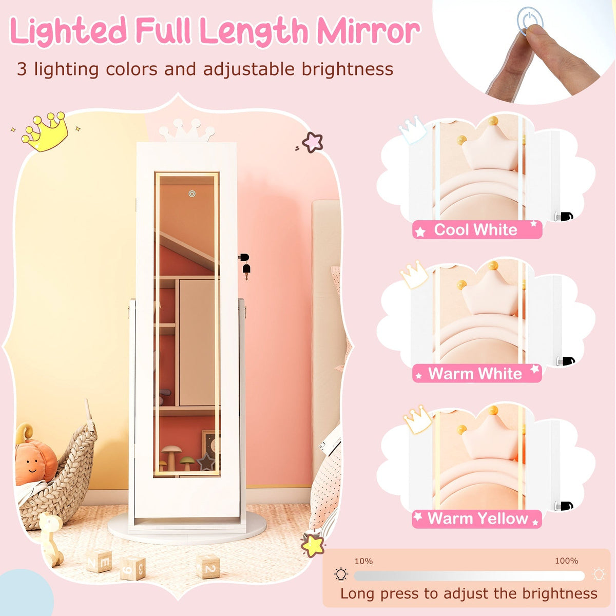 3 In 1 Kids Jewelry Cabinet with 3-Color Lighted Full Length Mirror and Internal Mirror